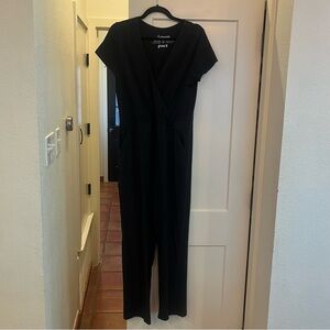 Pact Organic Cotton  Wrap Jumpsuit Short Sleeve V Neck With Pockets, Black M